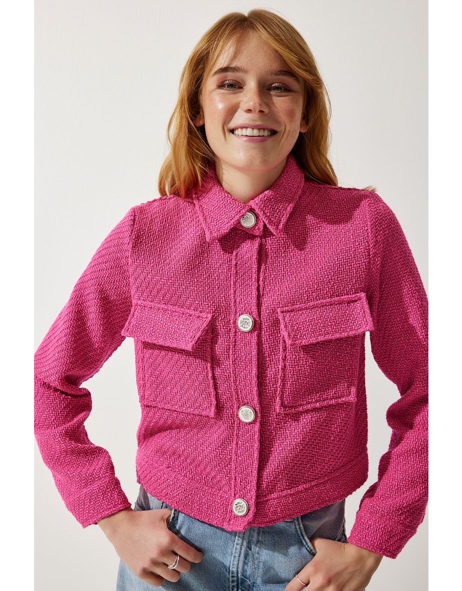Women's Pink Stylish Buttoned Woven Tweed Jacket