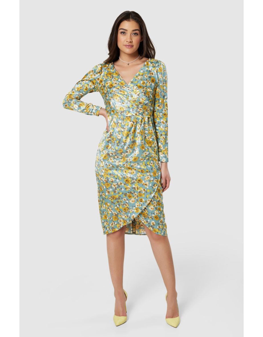 Closet London Green Floral Print Drape Skirt Midi Dress
