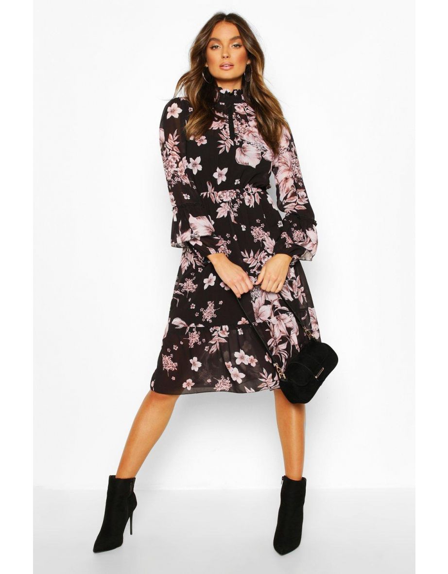 Floral Print Ruffle Neck Midi Dress - black - 3