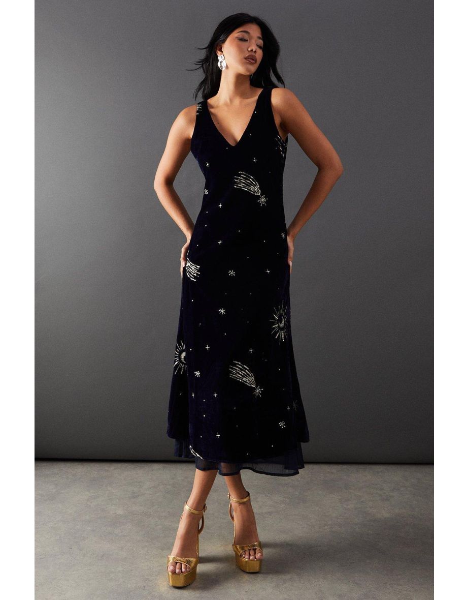Velvet Embellished Ruffle Hem Strappy Slip Midi Dress