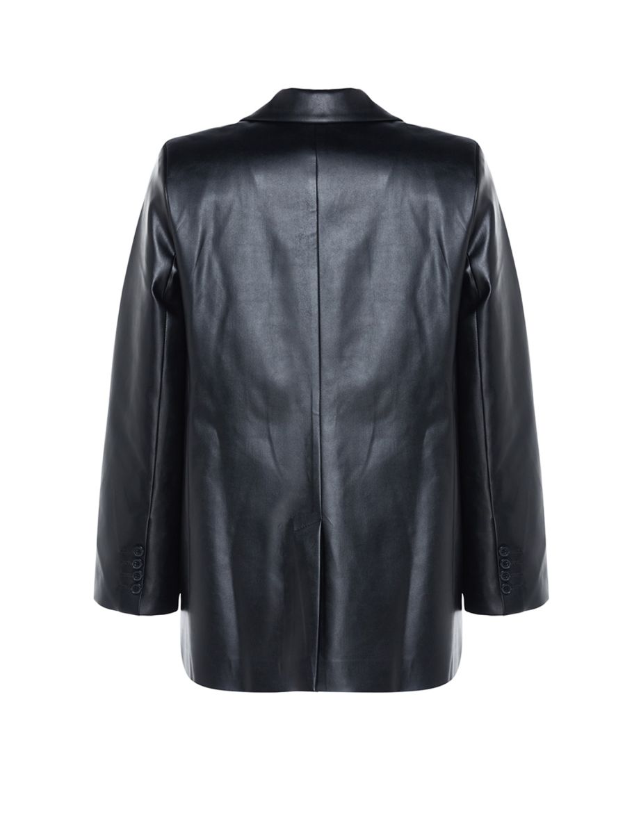 Black Woven Oversize Faux Leather Blazer Jacket - 7