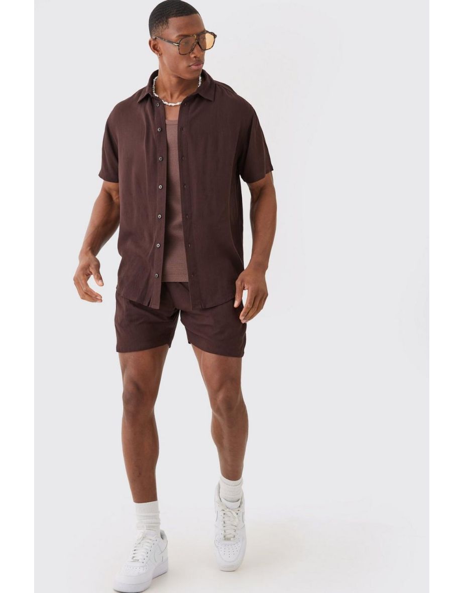 Short Sleeve Cheese Cloth Shirt And Short Set - brown