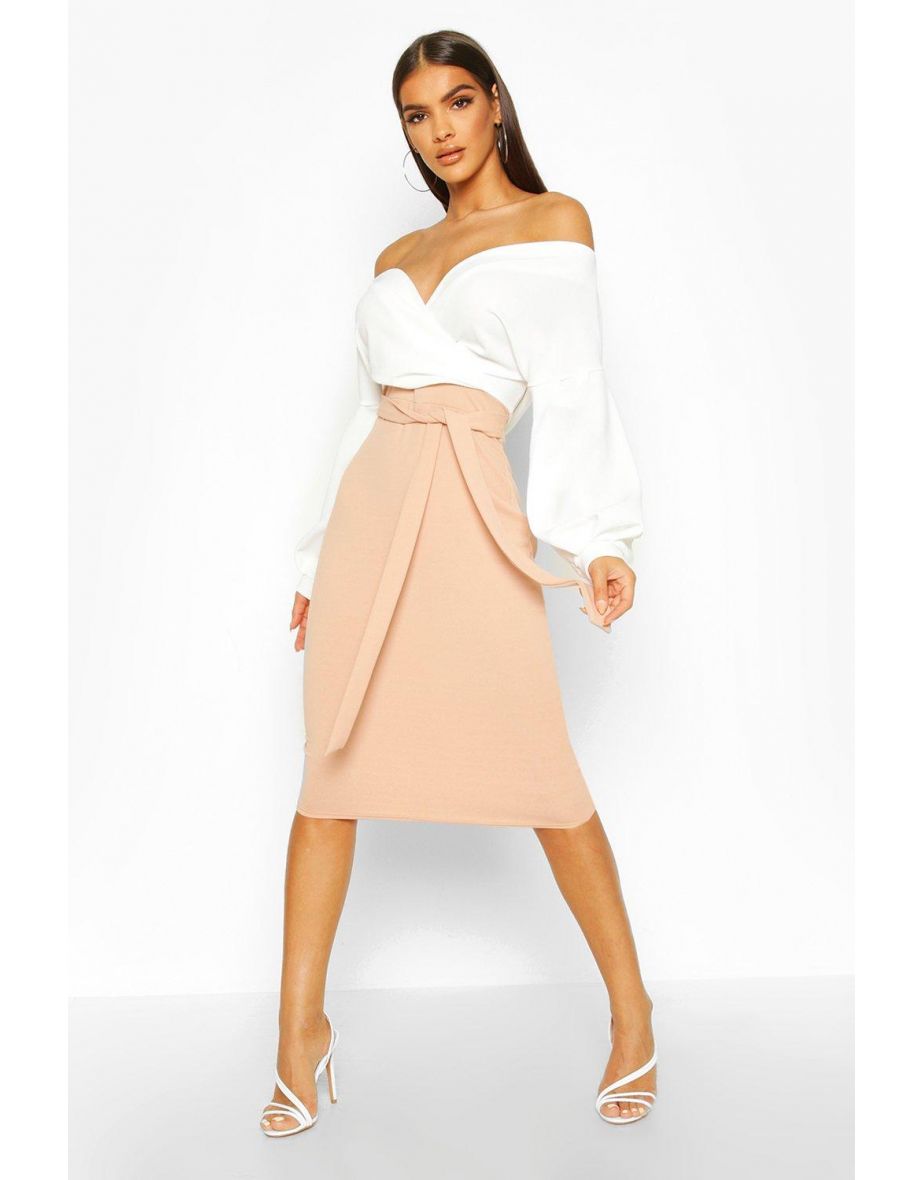 Contrast Off Shoulder Wrap Midi Dress - stone