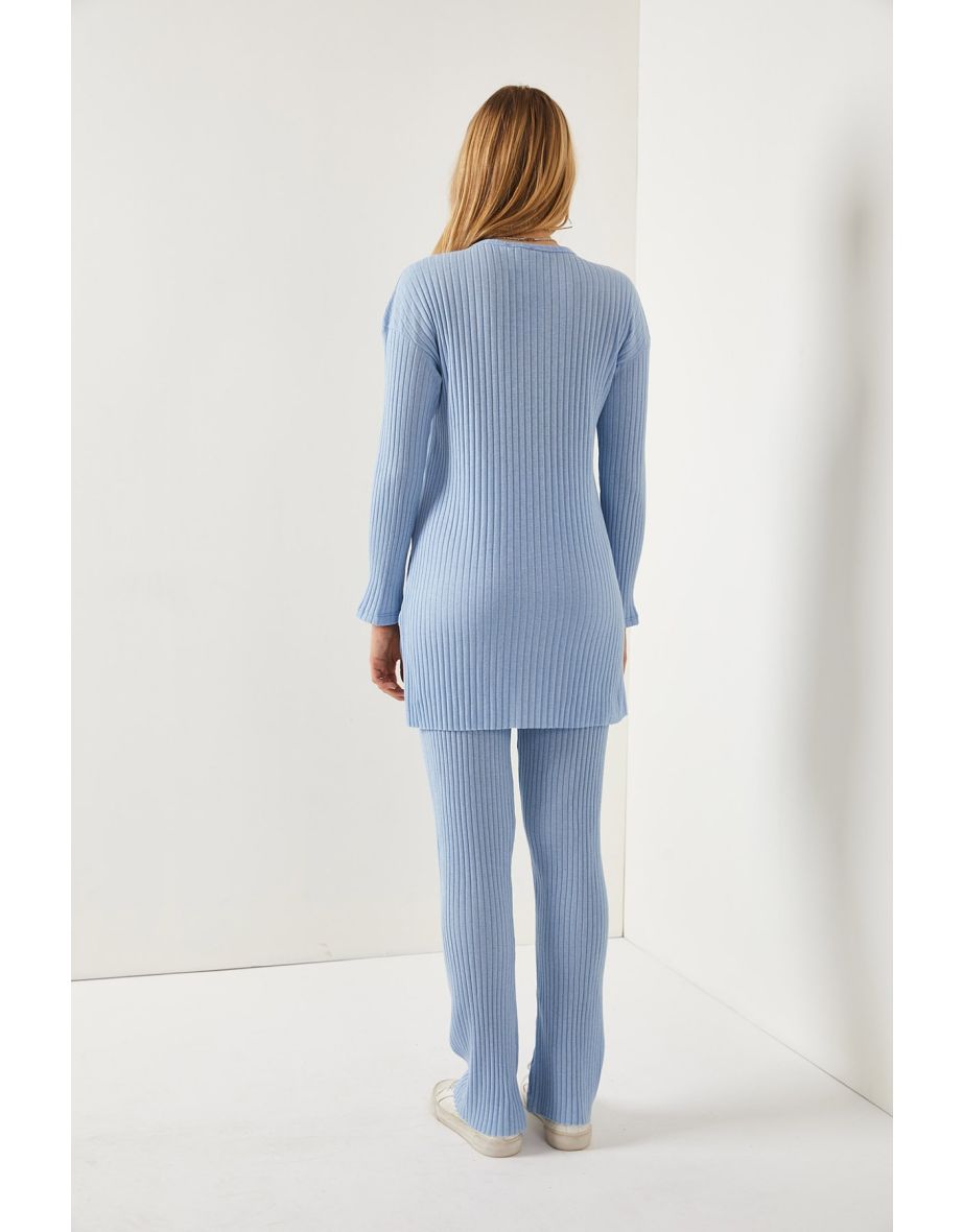 Women's Baby Blue Top Slit Blouse Bottom Palazzo Corduroy Suit - 5