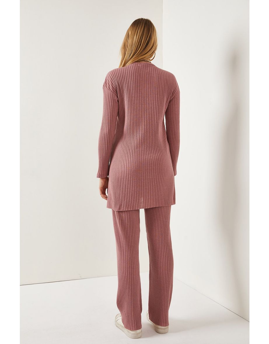 Women's Dried Rose Top with a slit blouse Bottom Palazzo Corduroy Suit - 4