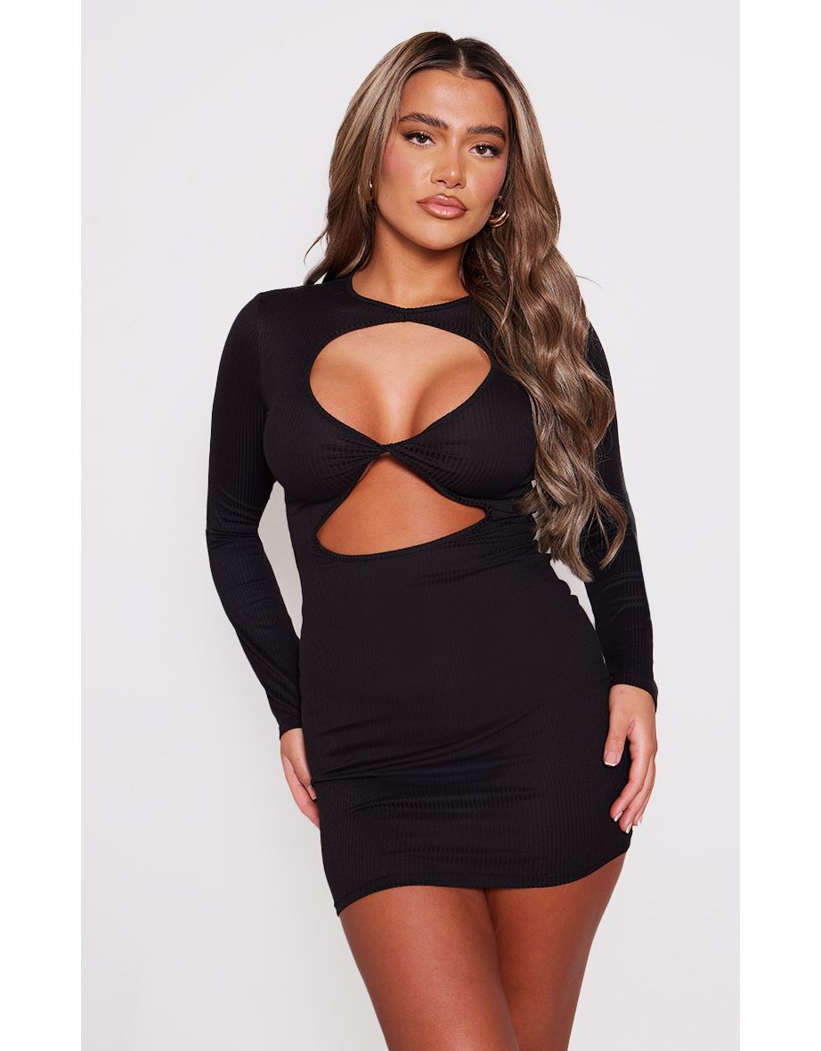Prettylittlething Black Cut-Out Bodycon Mini Dress with Long Sleeves