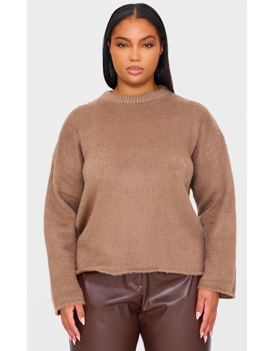 Plus Brown Stripe Fluffy Knit Oversized Jumper