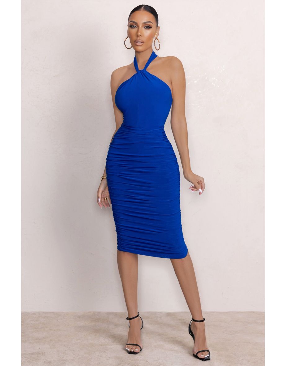 Serendipity | Electric Blue Halter Neck Knot Midi Dress