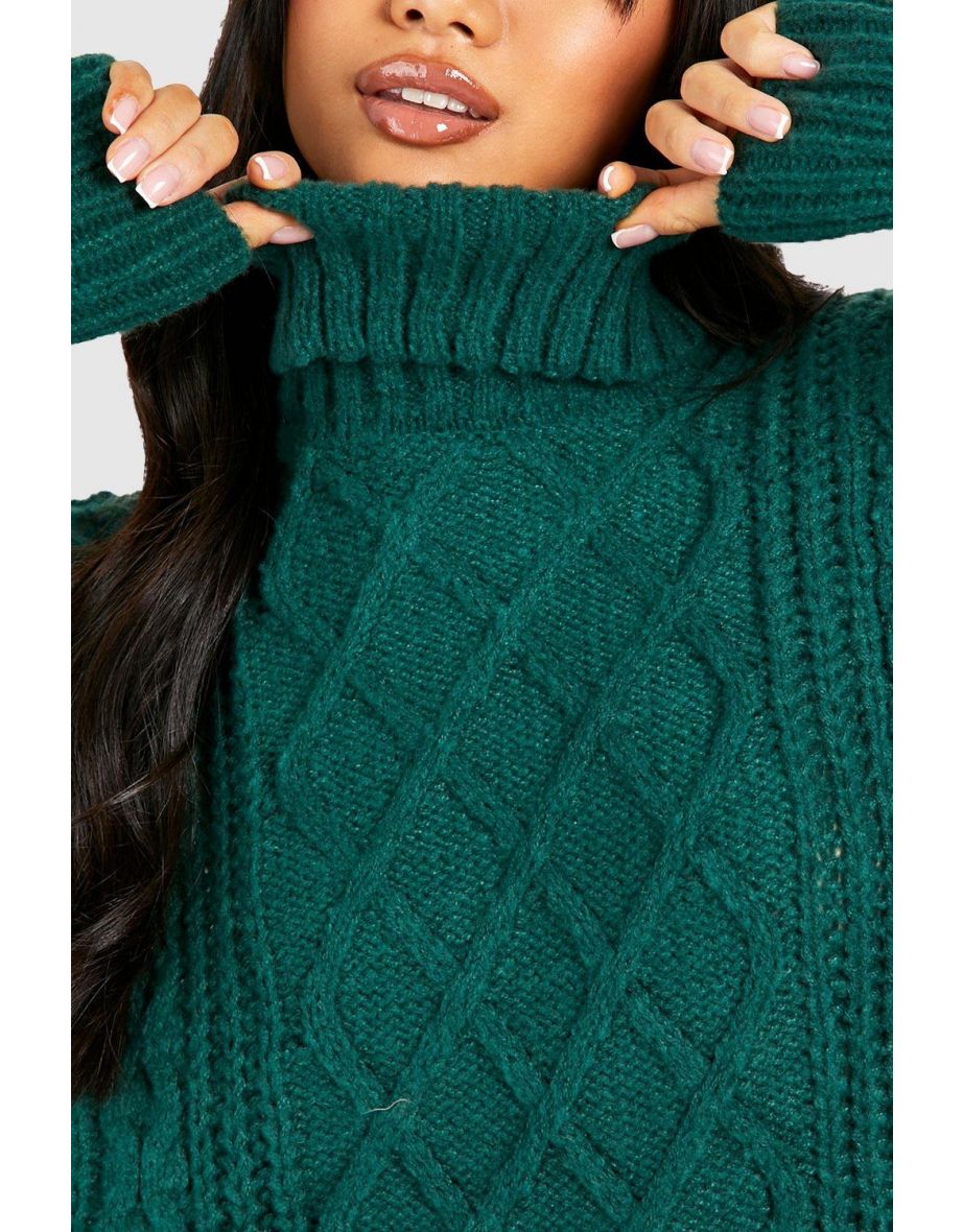Petite Roll Neck Diamond Cable Knit Jumper Dress - bottle green - 3