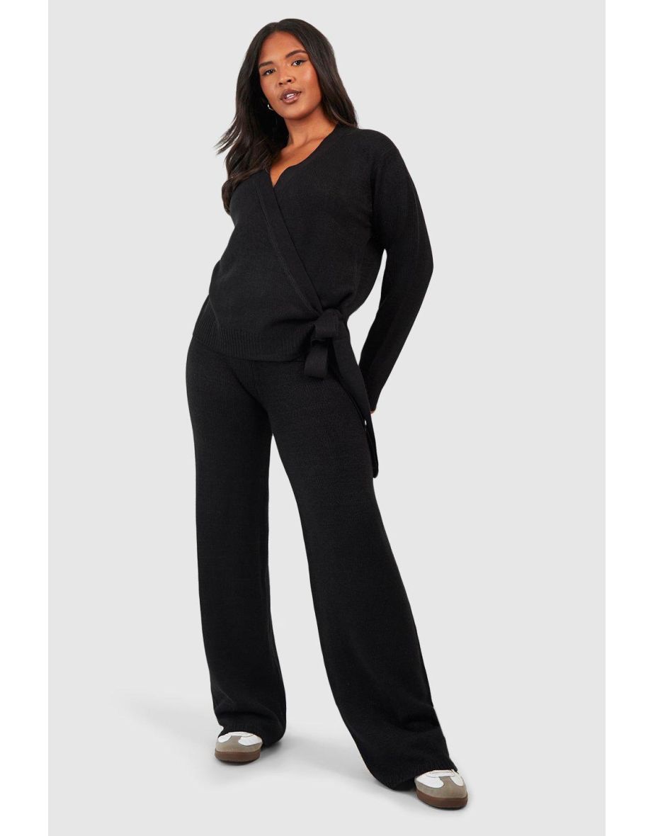 Plus Wrap Tie Side Jumper And Trouser Co-ord - black