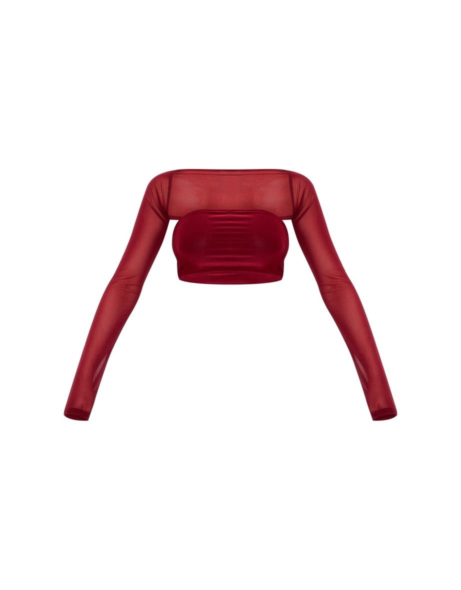 Cherry Red Mesh Shrug Detail Bandeau Crop Top - 4