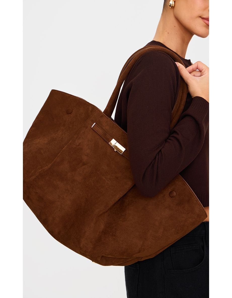 Chocolate Faux Suede Pleated Tote Bag