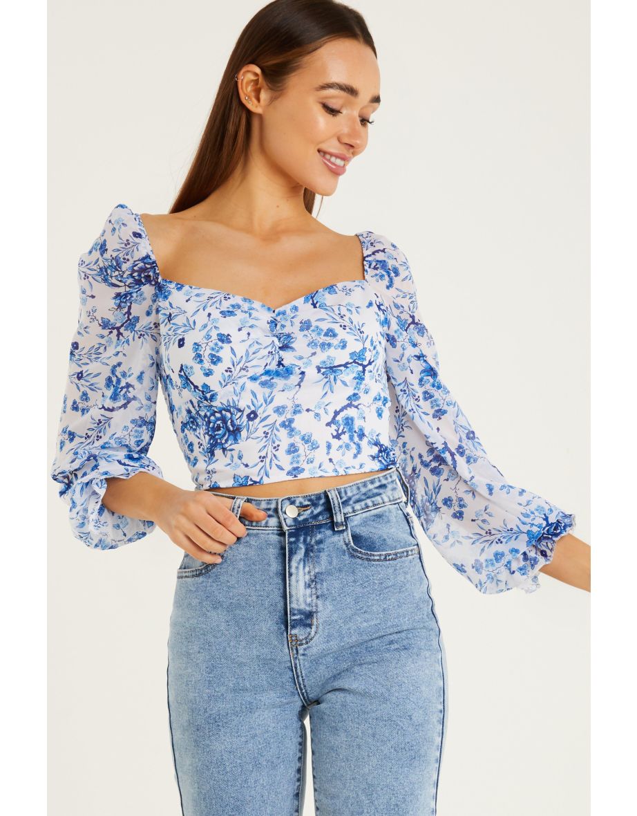 Blue Floral Print Crop Top