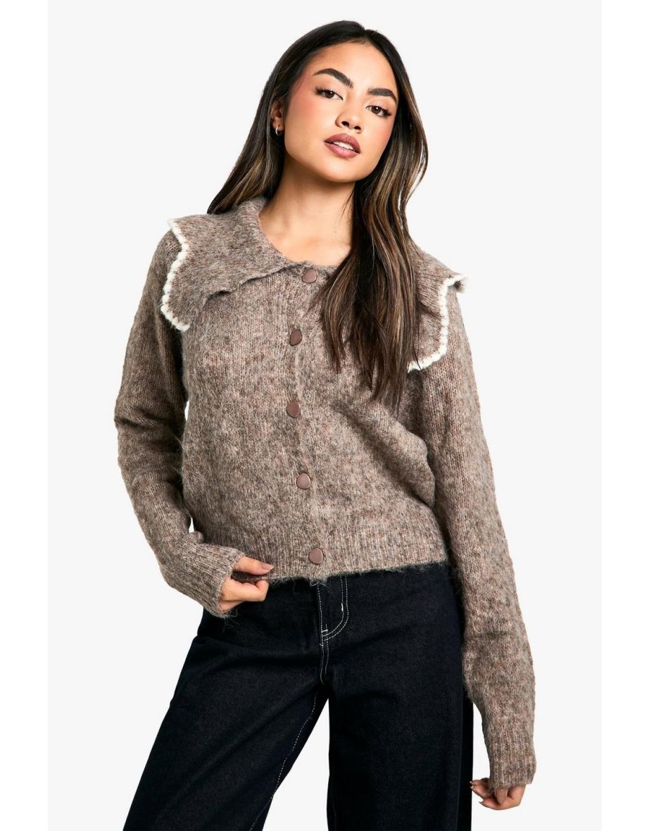 Fluffy Knitted Collar Cardigan - oatmeal