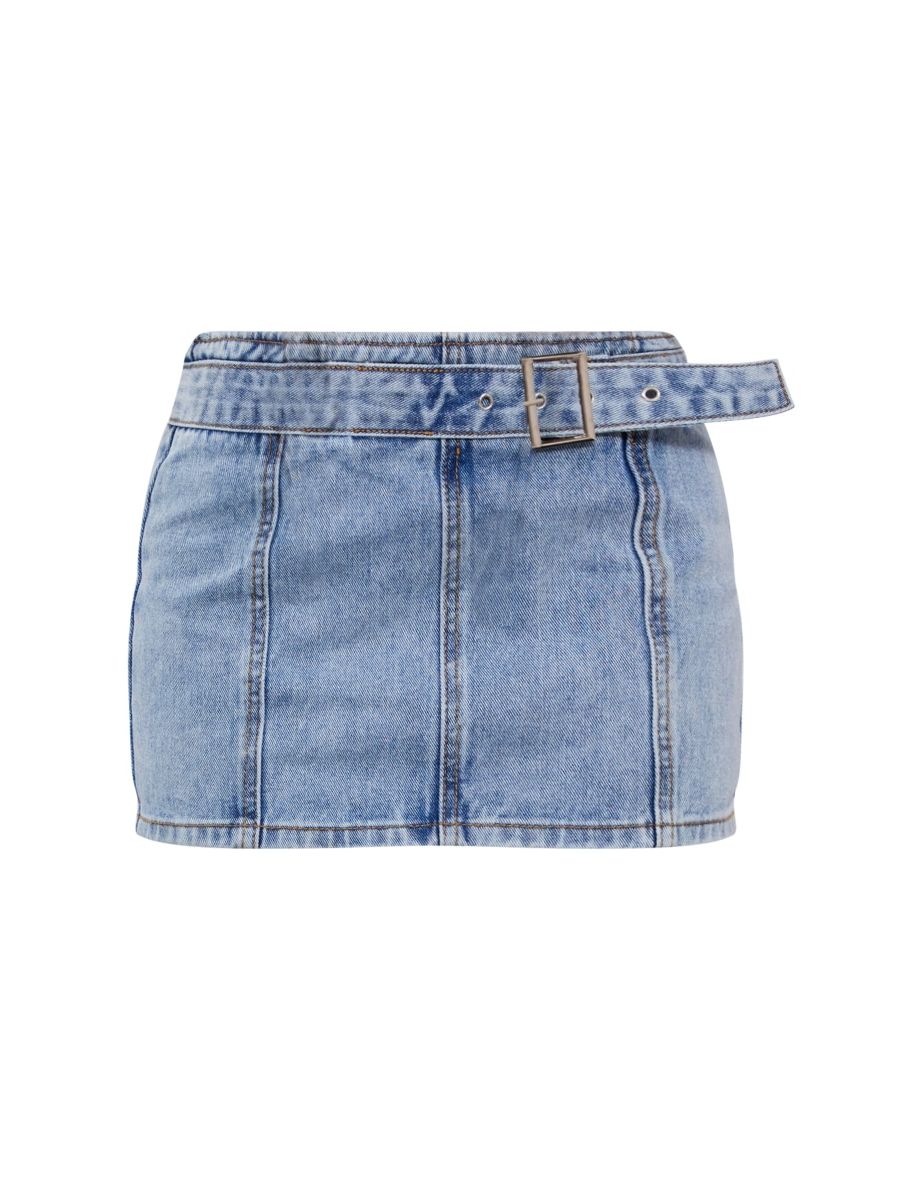 Petite Light Blue Wash Denim Buckle Detail Mini Skirt - 5
