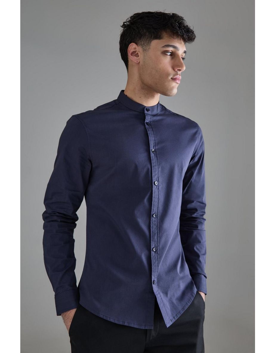 Long Sleeve Grandad Collar Shirt - navy