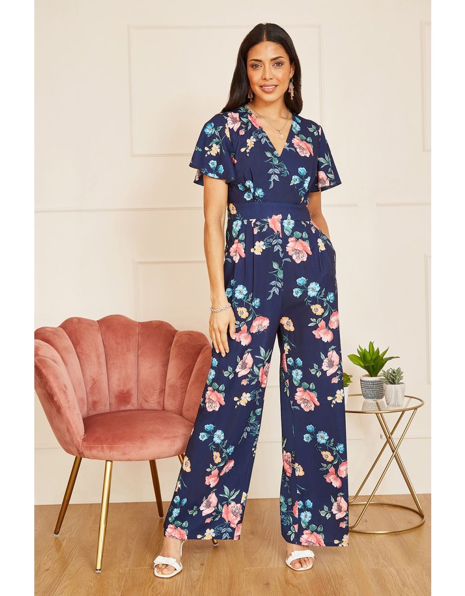 Shop Yumi Navy Floral Angel Sleeve Jumpsuit Online in Qatar VogaCloset