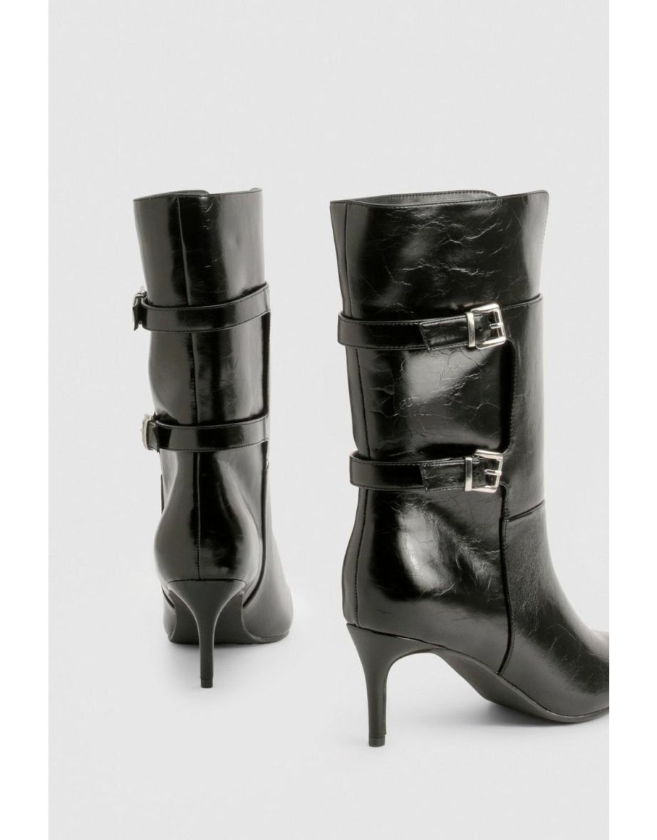 Buckle Detail Stiletto Calf High Boots - 3