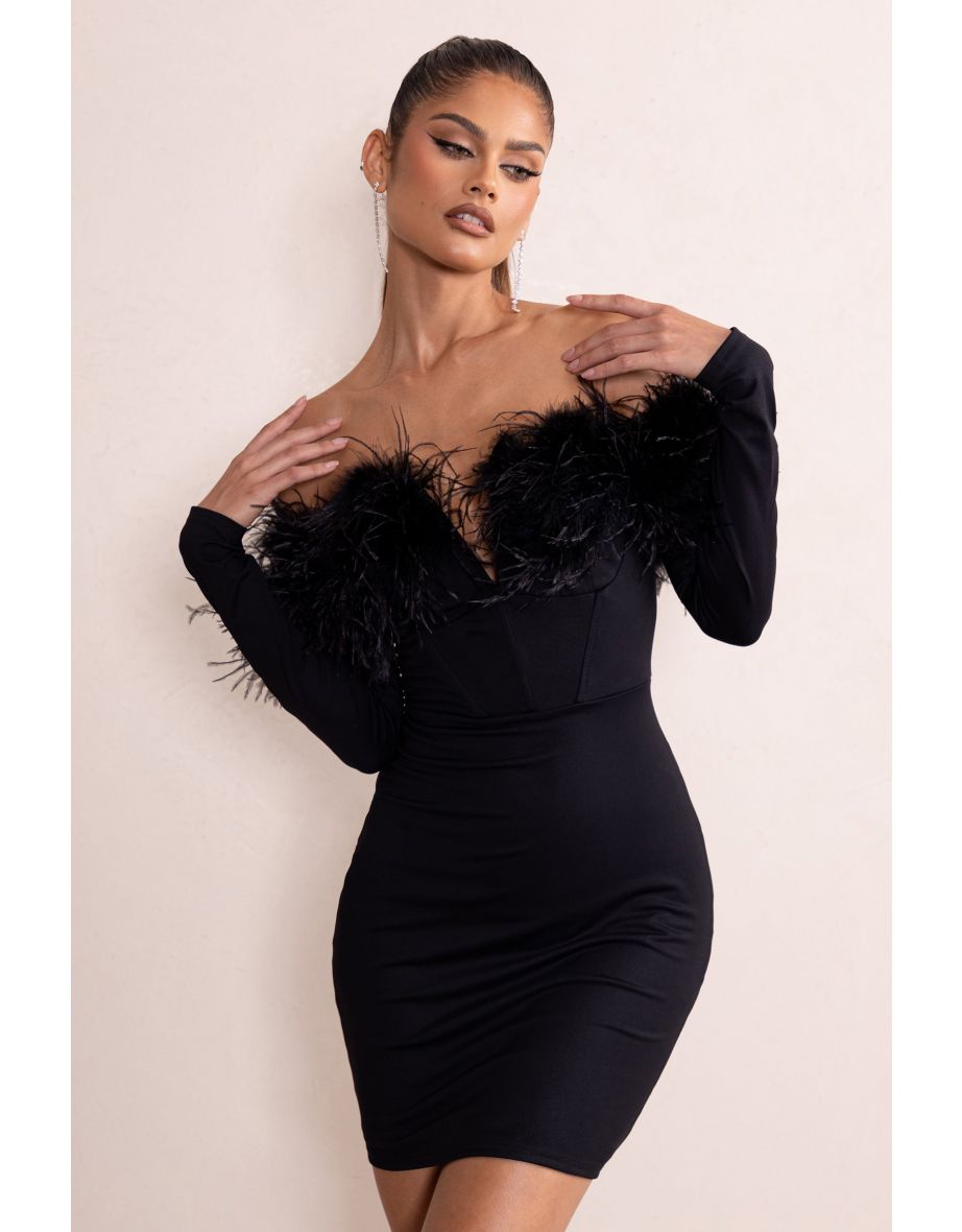 Celia | Black Notch Neck Bardot Mini Dress With Feather Trim Detail - 3