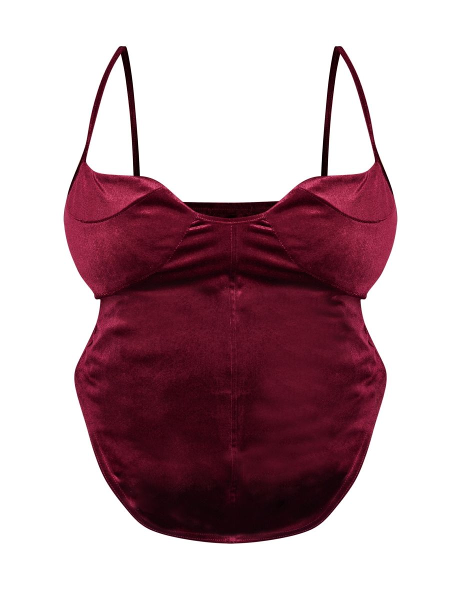 Plus Burgundy Velvet Strappy Corset Top - 4