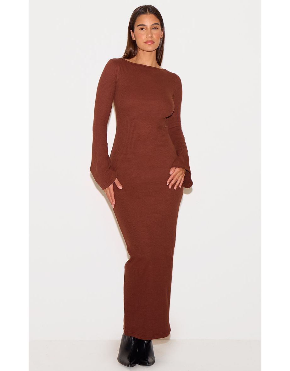 Chocolate Ribbed Boat Neck Long Sleeve Maxi Dress