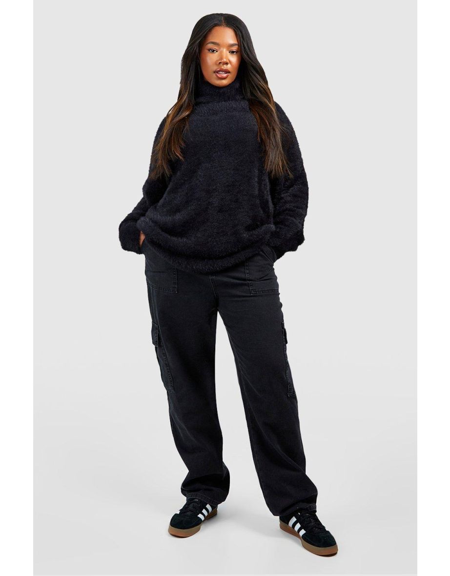 Plus Fluffy Knit Roll Neck Jumper - black