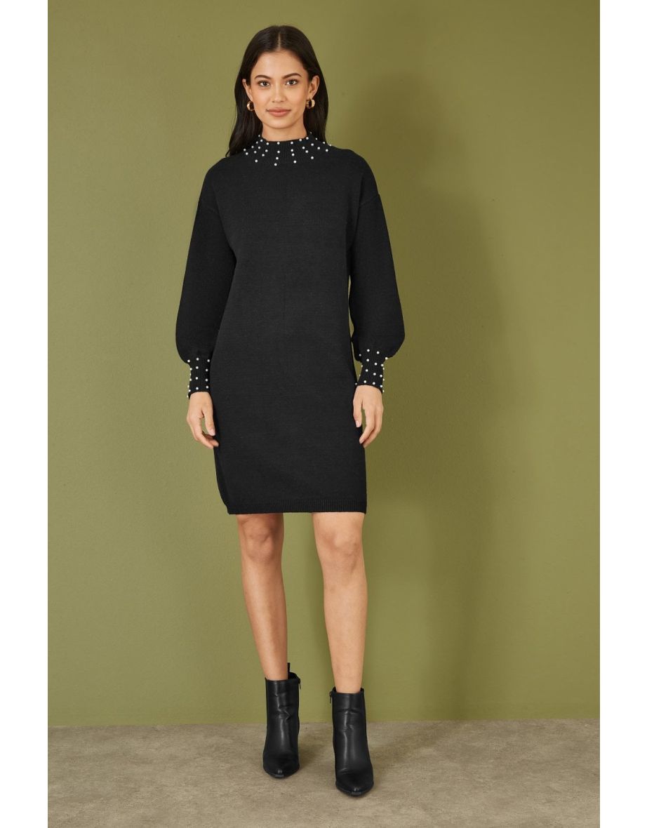 Mela Black Pearl Detail Knitted Relaxed Jumper Dress