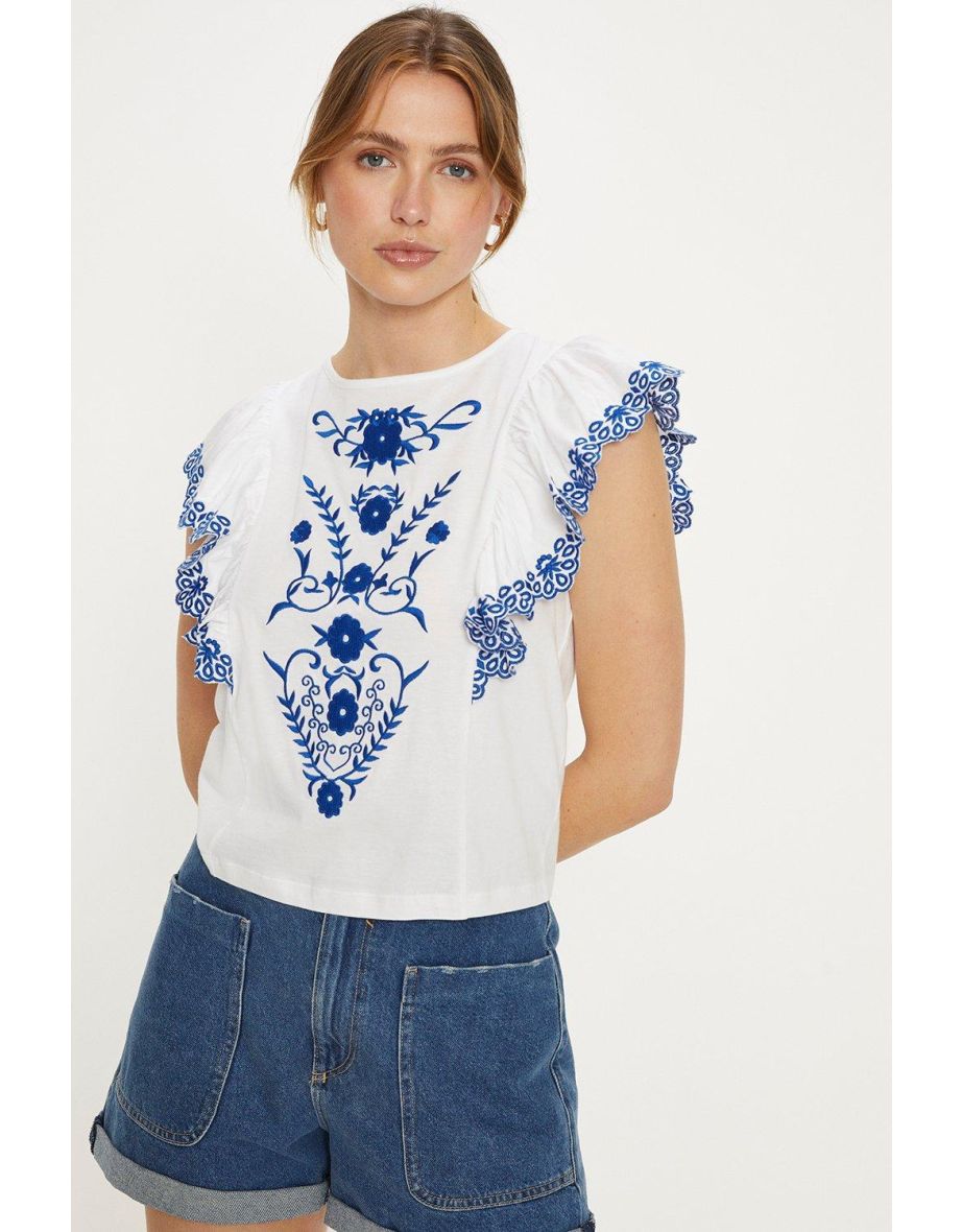 Embroidered Ruffle Tassel Top