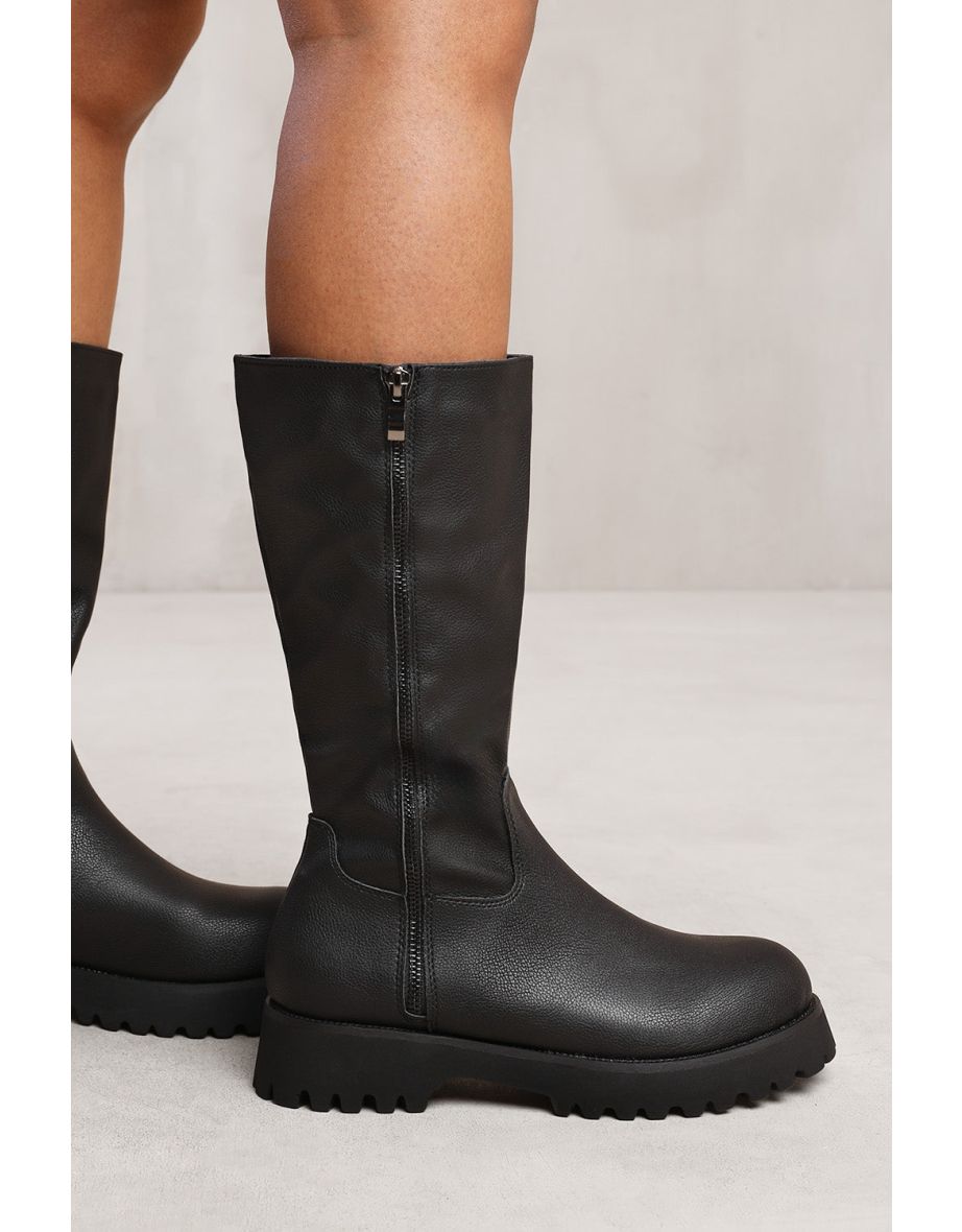 ZELDA MID CALF BOOT WITH DOUBLE ZIP IN BLACK FAUX LEATHER
