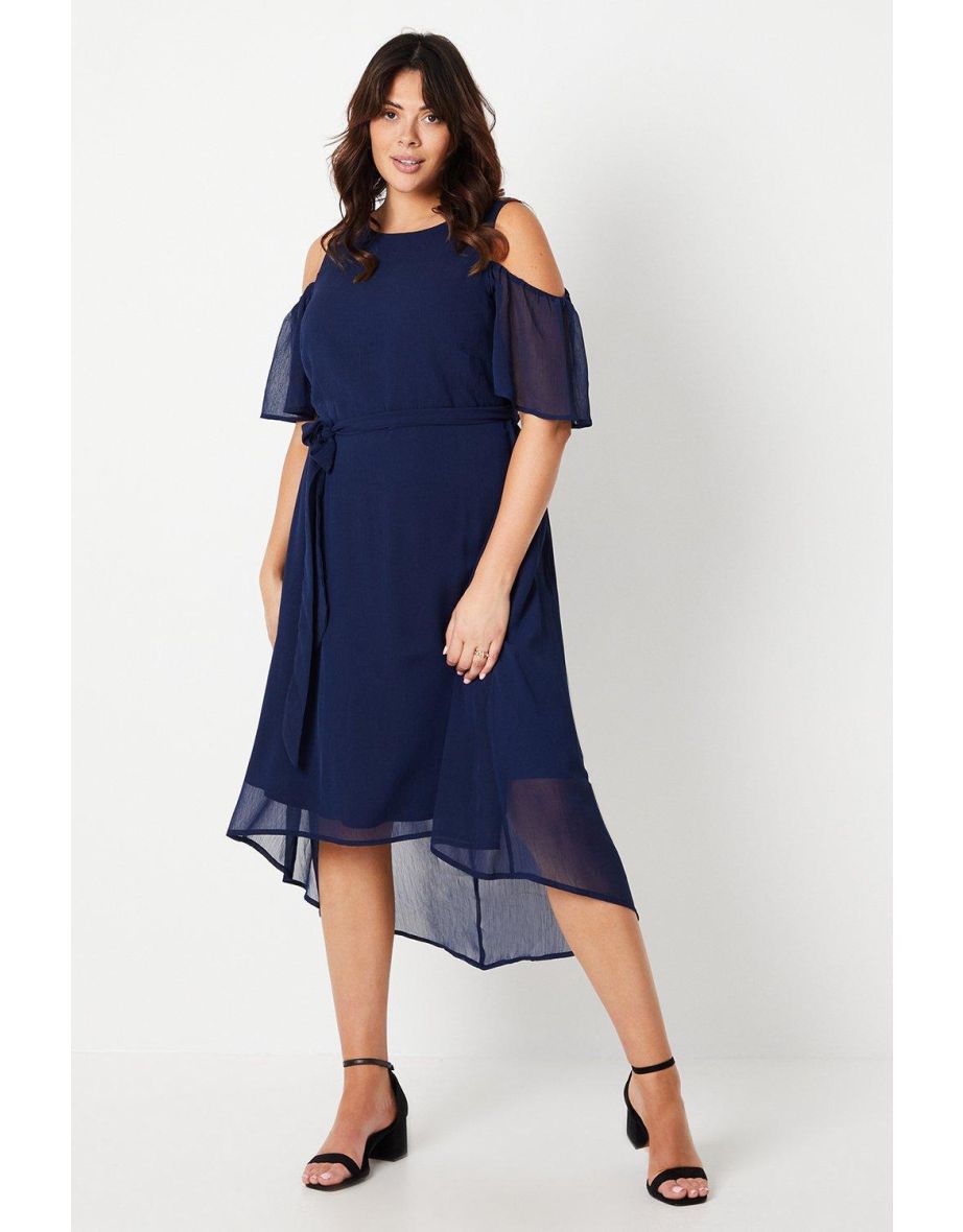 Curve Navy Cold Shoulder Hi Lo Hem Midaxi Dress