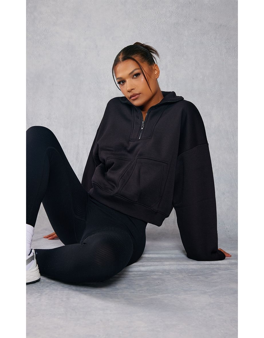 Black Half Zip Double Pocket Seam Detail Sweater