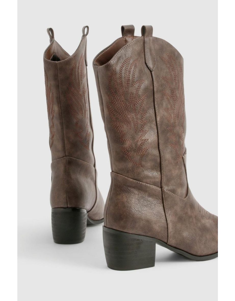 Wide Fit Vintage Look Tab Detail Ankle Cowboy Western Boots - brown - 3