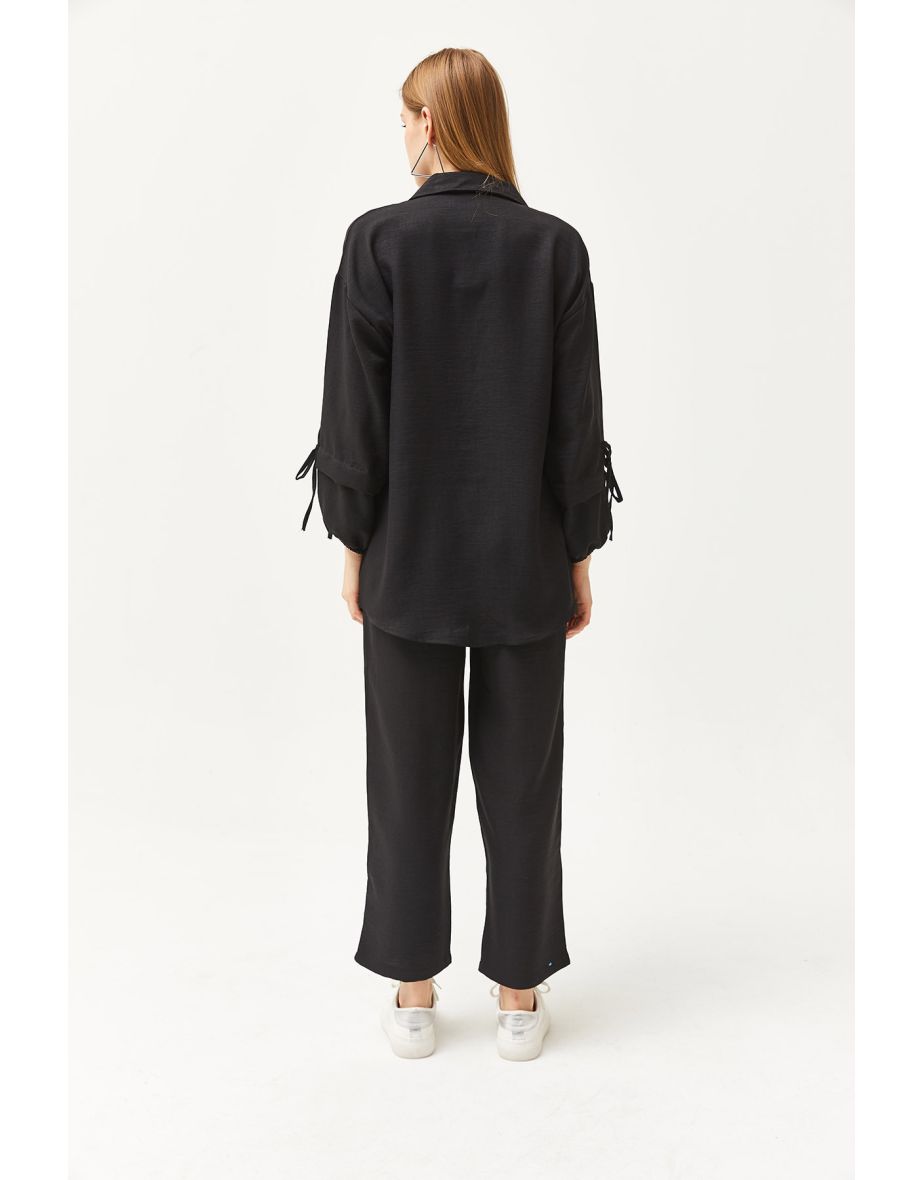 Women's Black Bottom Top Linen Suit - 6