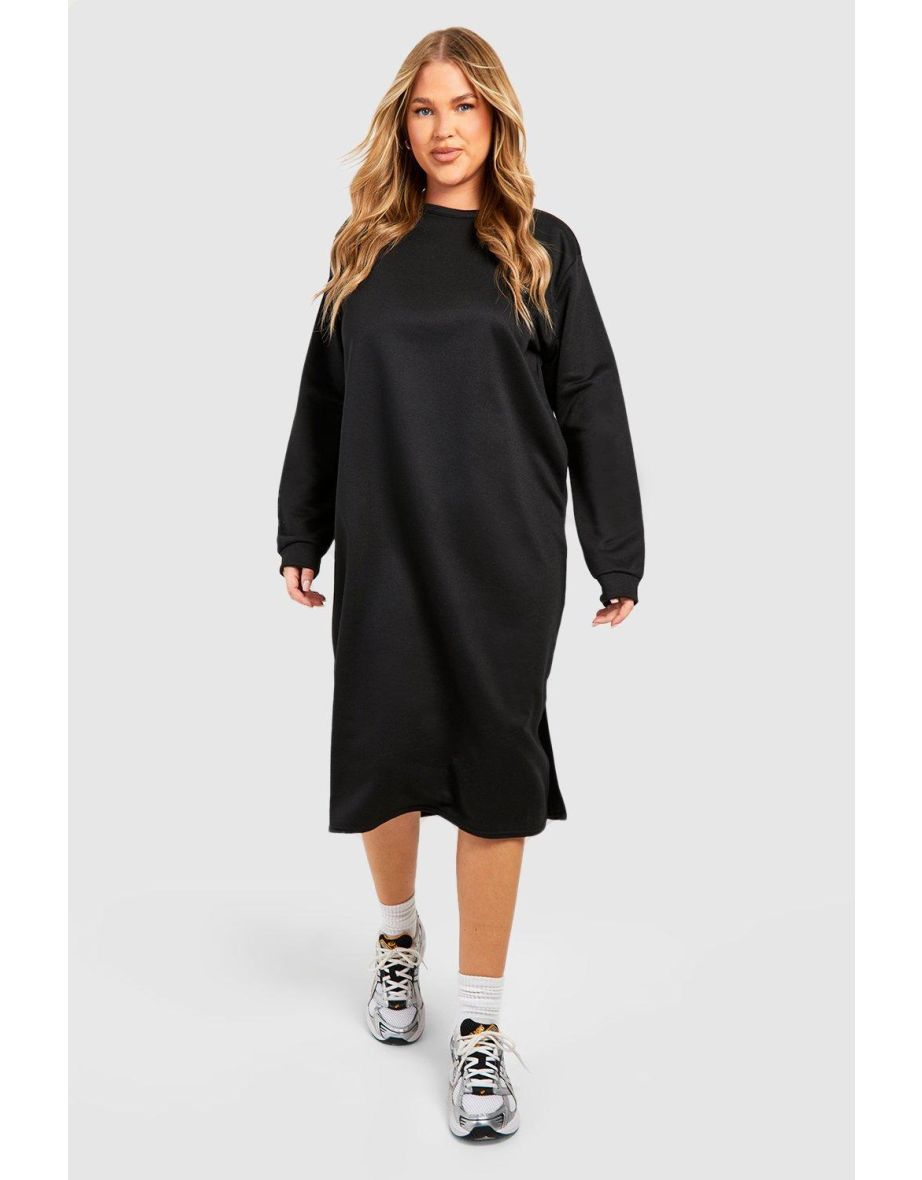 Plus Oversized Longline Split Detail Sweater Dress - black