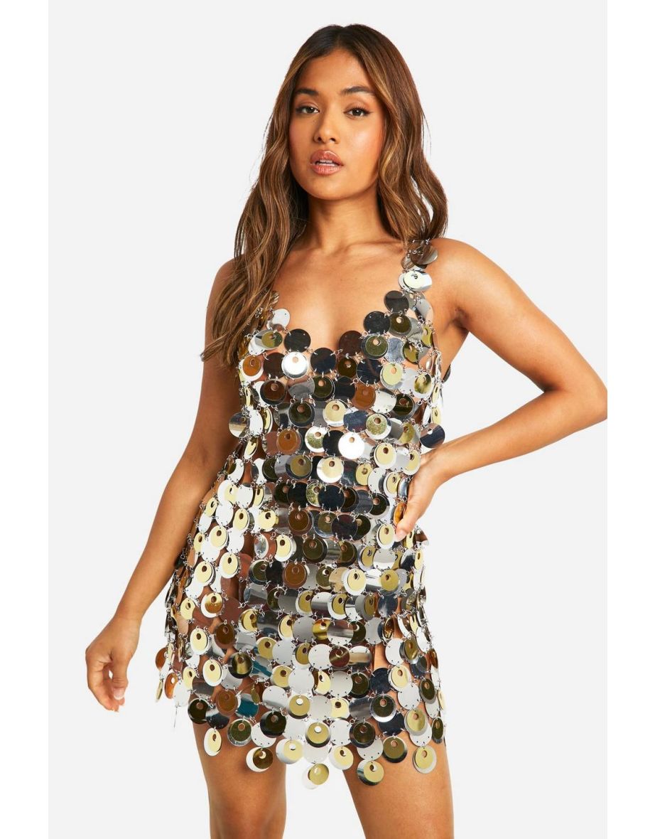 Petite Two Tone Disc Sequin Mini Dress - silver