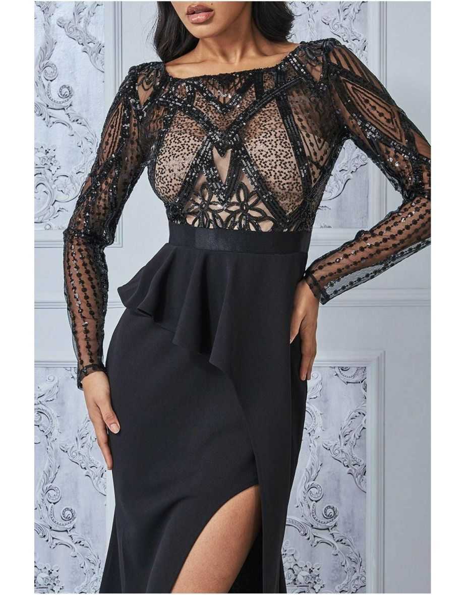 Goddiva Sequin Bodice With Front Frill Maxi - Black - 4