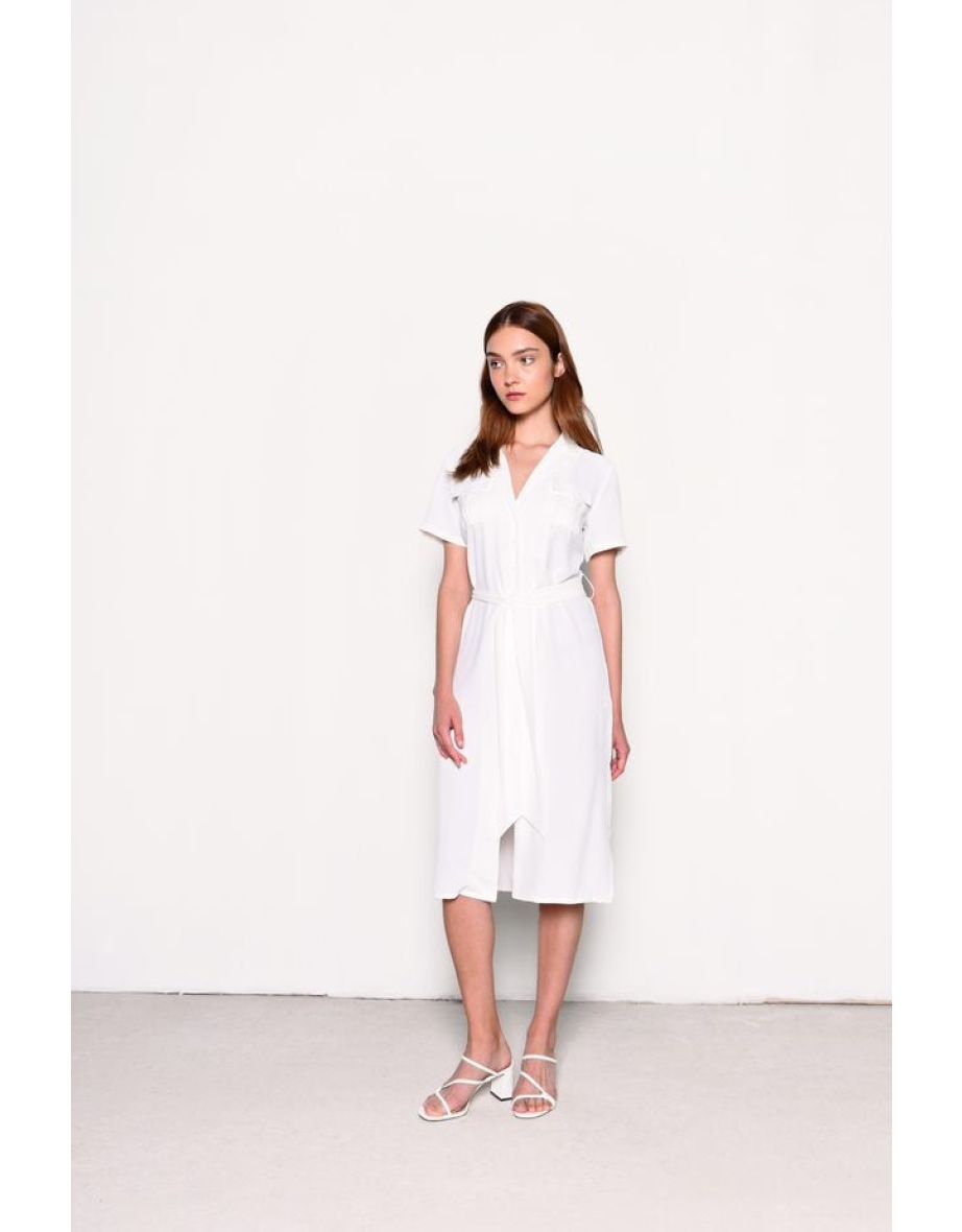 Glamorous White V-Neck Belted Midi Dress