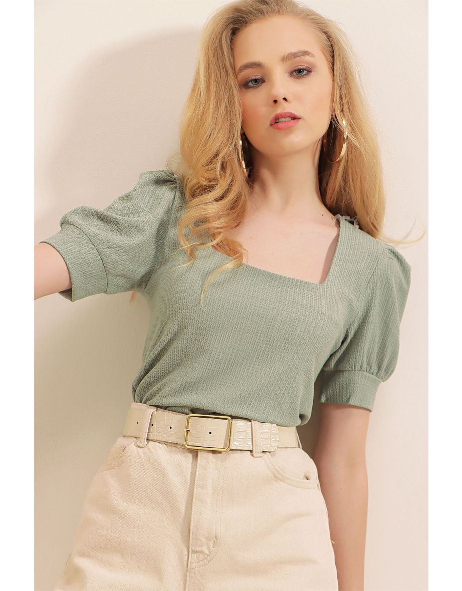 Square Neck Knitted Blouse - Çağla