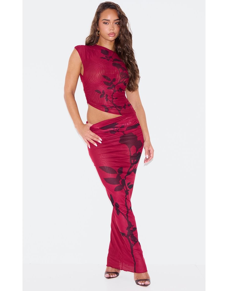 Burgundy Flower Printed Mesh Ruched Low Rise Maxi Skirt