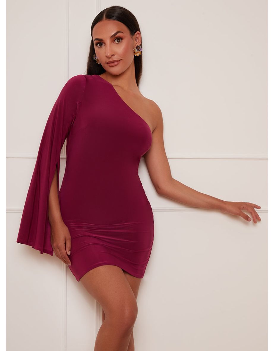 Petite One-Shoulder Long Sleeve Mini Dress in Purple
