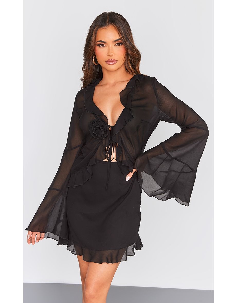 Black Sheer Chiffon Rose Detail Flare Sleeve Bodycon Dress
