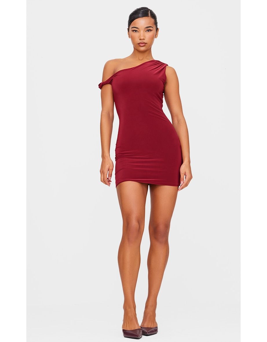 Burgundy Double Layer Slinky Twist Bodycon Dress
