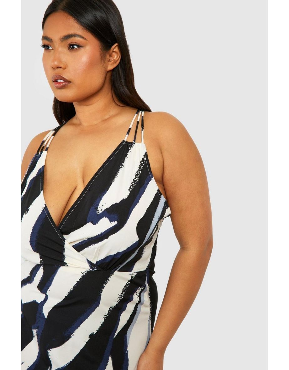 Plus Woven Zebra Print Strappy V Neck Maxi Dress - mono - 3