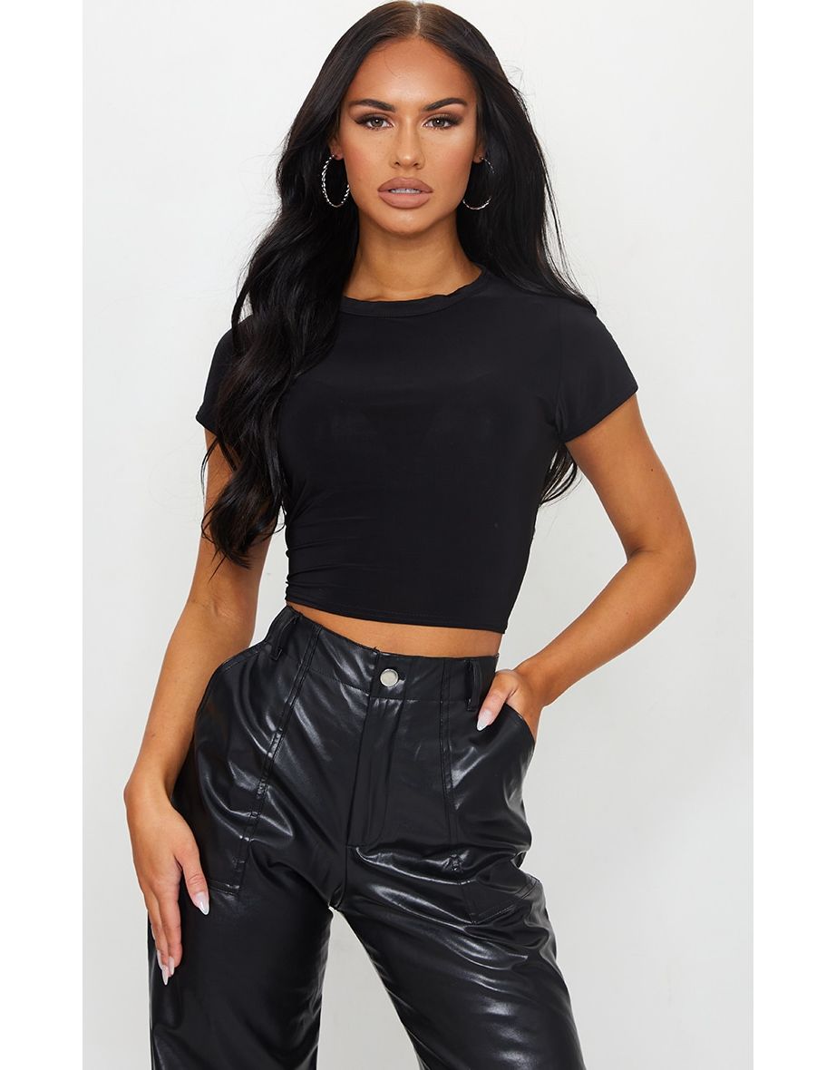 Black Slinky Short Sleeve Crop T Shirt