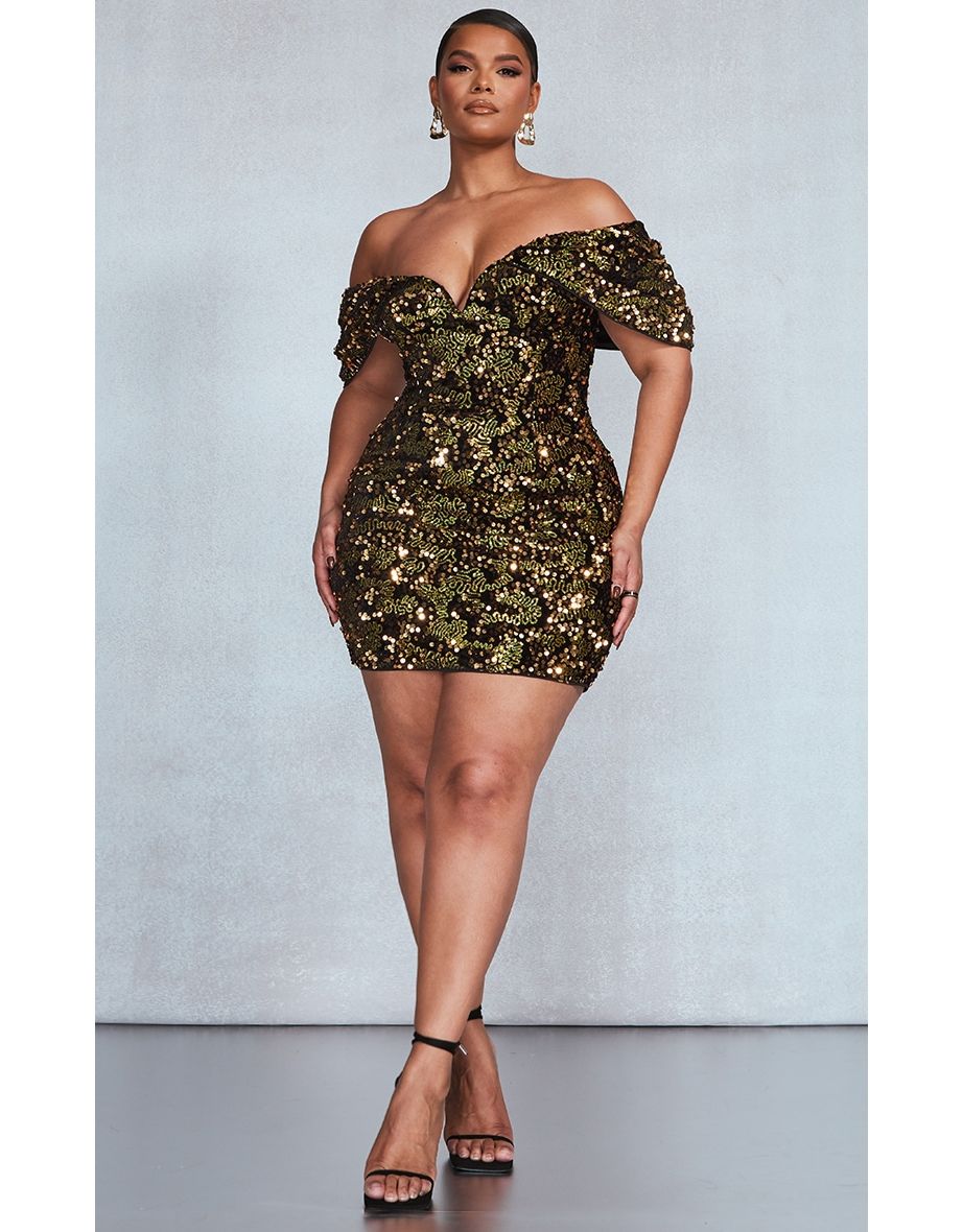 Plus Gold Sequin V Bar Bodycon Dress