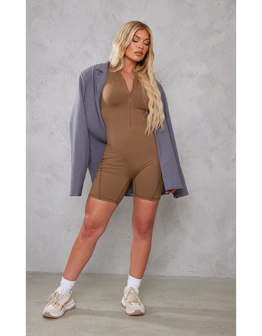Caramel Sculpt Zip Front Racer Unitard