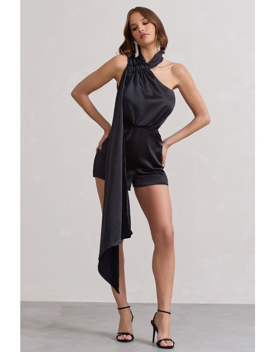 Ladies Day | Black Satin Scarf Detail Playsuit - 5
