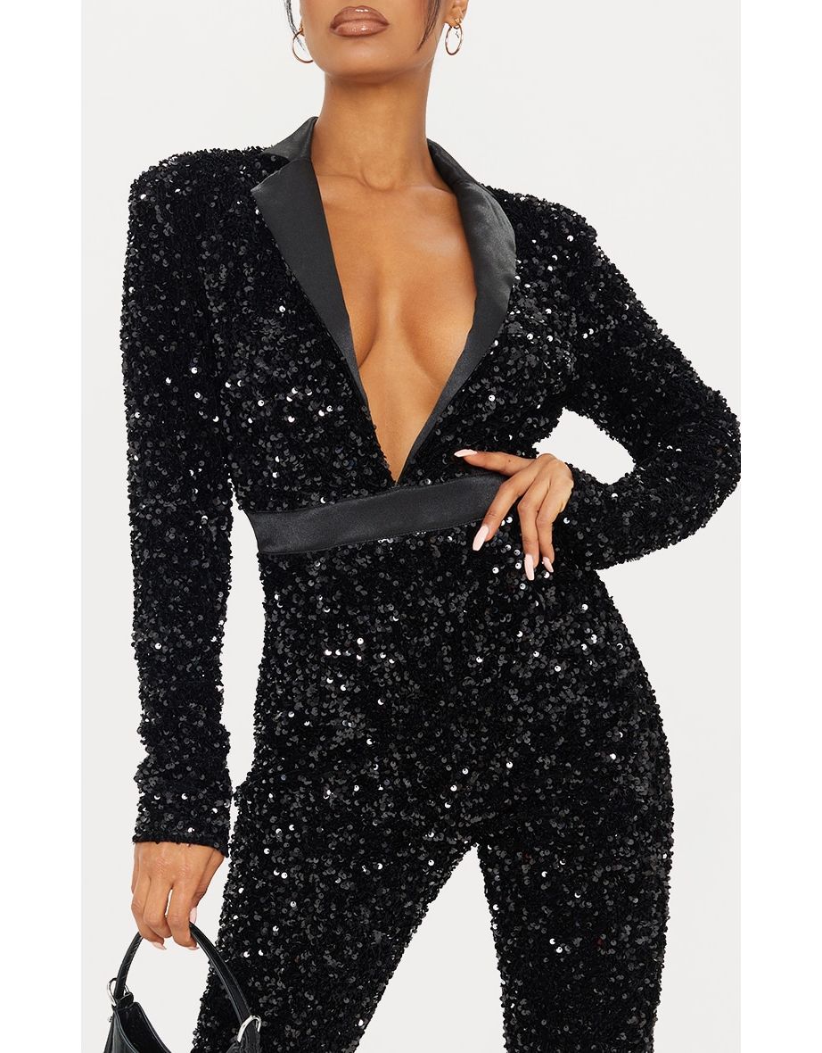 black plunge front tailored sequin jumpsuit