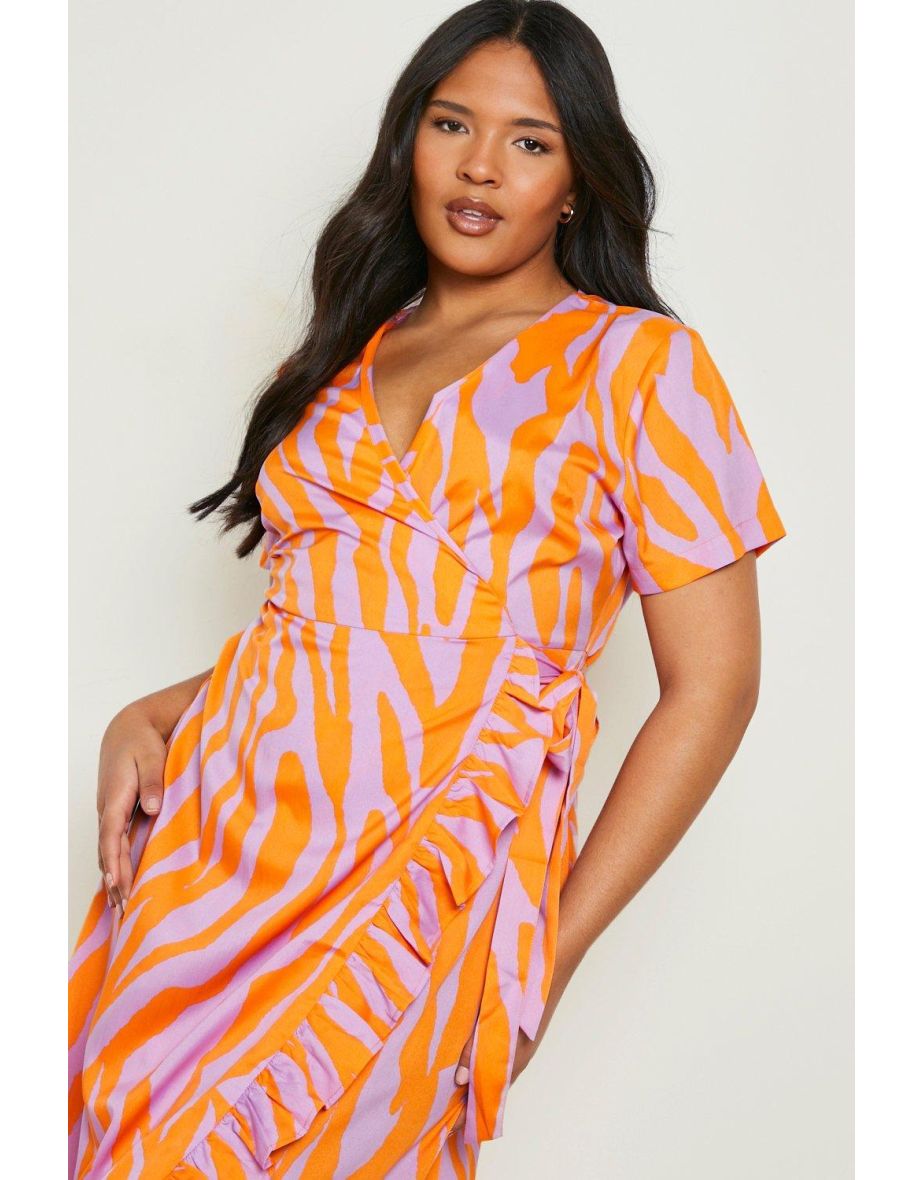 Plus Tiger Print Wrap Midi Dress - orange - 3