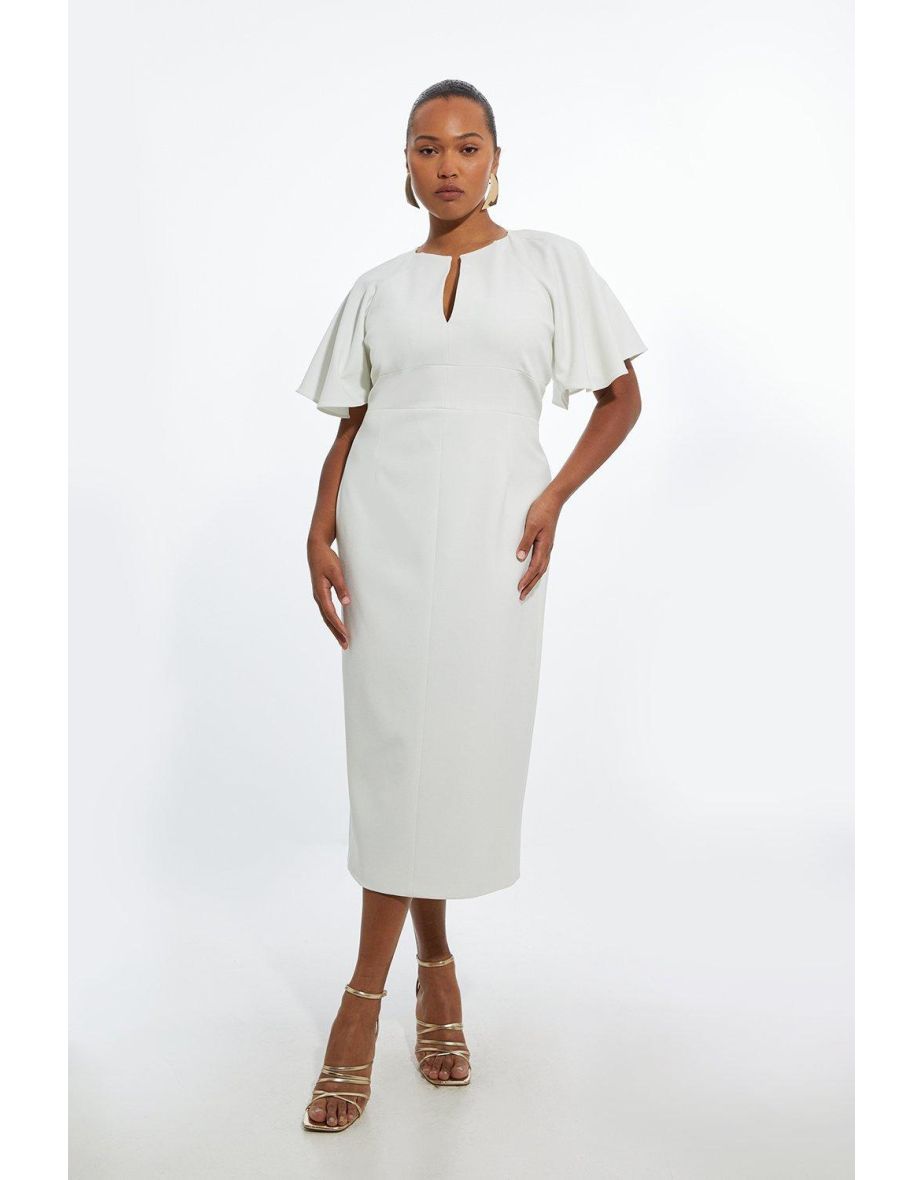 Plus Size Structured Crepe Ruffle Sleeve Tailored Midi Pencil Dress